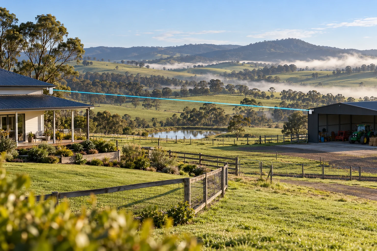 Wireless point-to-point network link connecting a Gippsland farmhouse and machinery shed